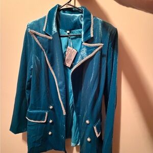 Elegant Blue Women's Jacket with Pearl Accents
